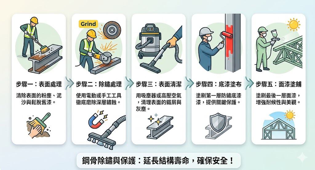 鋼骨除鏽工程步驟，表面處理、除鏽處理、表面清潔、底漆塗布、面漆塗鋪