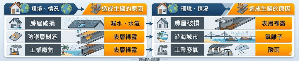 鋼骨生鏽成因示意圖